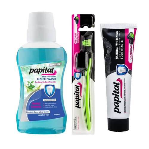 مسواک پاپیتال مدل active با برس متوسط به همراه خمیر دندان حجم 100 میلی لیتر و دهانشویه 300 میلی لیتر