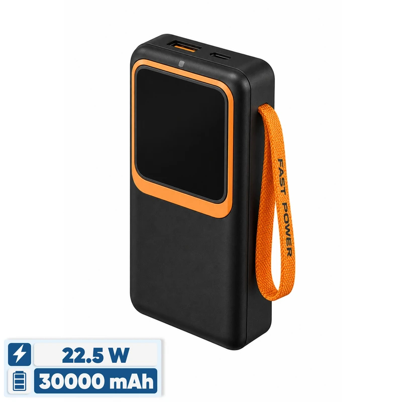 پاوربانک 22.5 وات مدل ip0wer22.5W ظرفیت 30000 میلی‌آمپرساعت به همراه دو کابل متصل USB-C و لایتنینگ