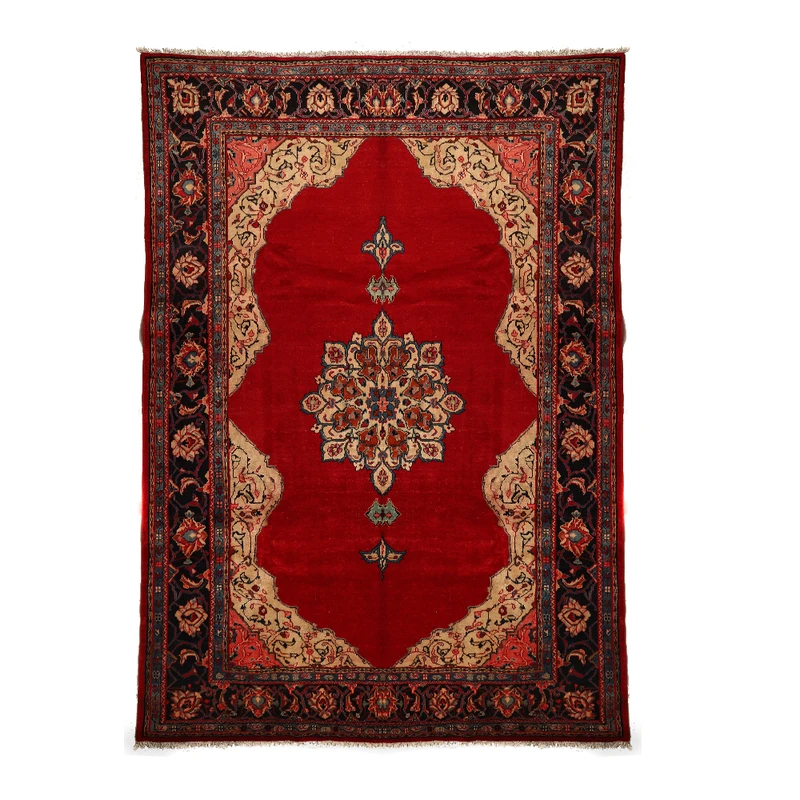 فرش دستباف قدیمی شش متری طرح ترنج دار کف ساده کد 4101154