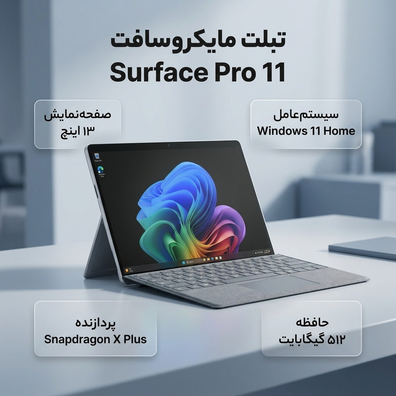 تبلت 13 اینچی مایکروسافت مدل Surface Pro 11-Snapdragon X Plus LCD ظرفیت 512 گیگابایت و رم 16 گیگابایت به همراه کیبورد Surface Pro Copilot