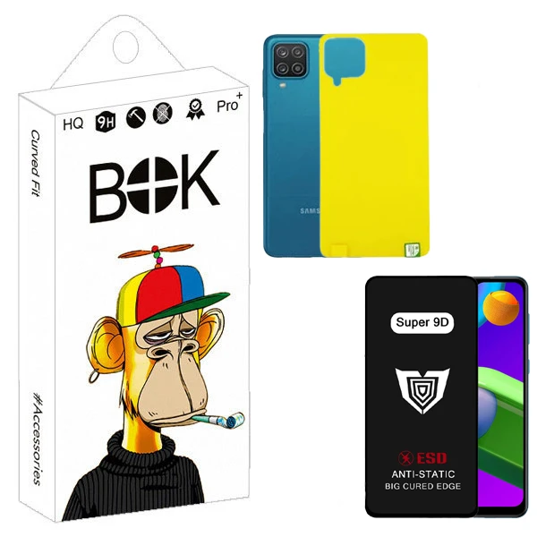 محافظ صفحه نمایش بوک مدل Super 9D Touch مناسب برای گوشی موبایل سامسونگ Galaxy a12 به همراه محافظ پشت گوشی