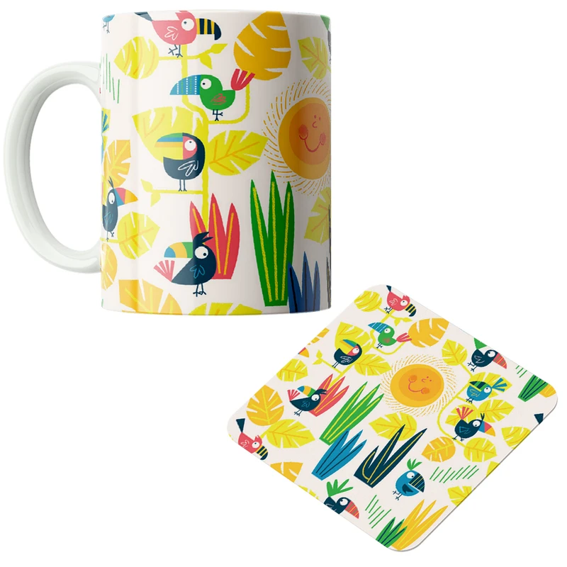 ماگ پاد آفرین مدل خورشید و پرنده های توکان فانتزی کد DKC529 به همراه زیر لیوانی