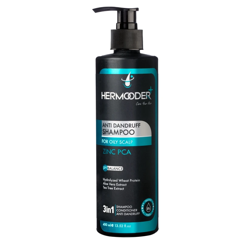 شامپو مو هرمودر مدل ZINC PCA مناسب برای موهای دارای شوره چرب حجم 400 میلی لیتر