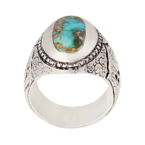 انگشتر نقره مردانه بازرگانی میلادی مدل سنگ فیروزه طبیعی رکاب دست ساز سیاه قلم کلاسیک کد AM_2069