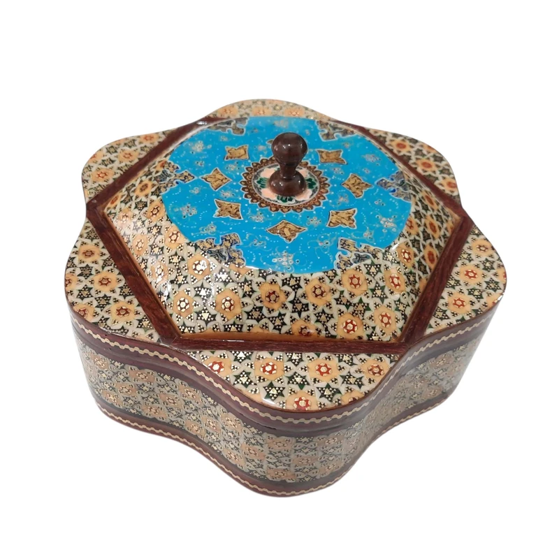 شکلات خوری خاتم کاری چوبی مدل شش گوش هلال اسلیمی کد 140548