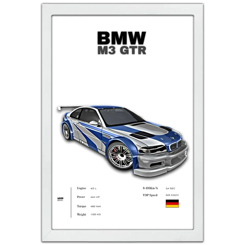 تابلو بکلیت طرح ماشین و خودرو بی ام و BMW M3 GTR NEED FOR SPEED MOST WANTED مدل W-po1878 فریم سفید