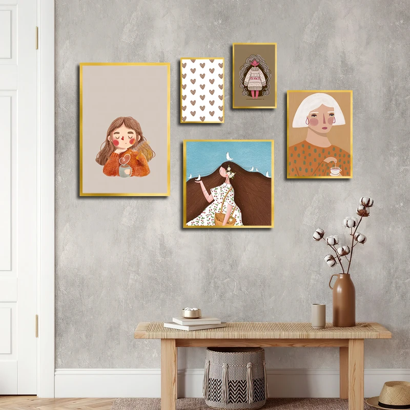 تابلو بکلیت طرح نقاشی مدرن دخترانه مدل T-3709 فریم طلایی مجموعه 5 عددی