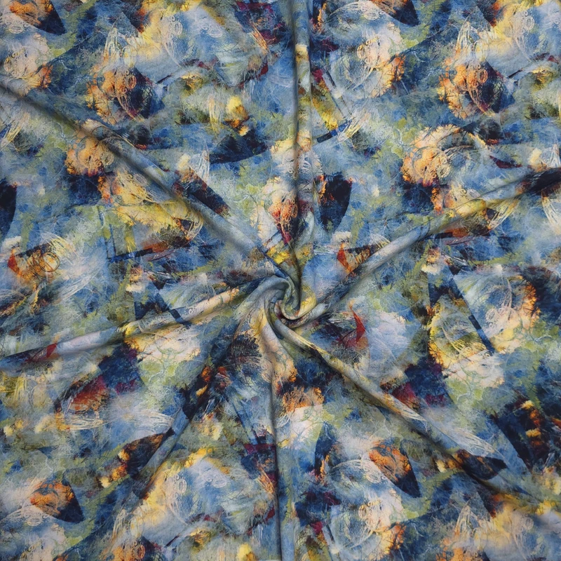 پارچه لباس عرض 1.5 متر مدل نخی هندی طرح فانتزی رنگ آبی - طوسی