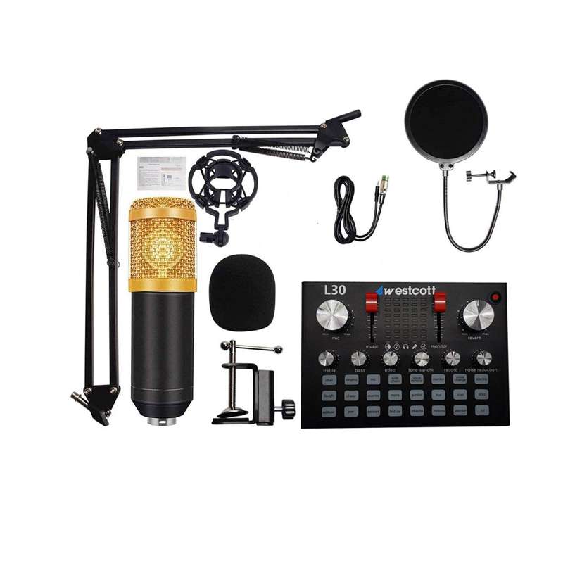 میکروفون کندانسر مدل Westcott bm800 Mixer به همراه کارت صدا و پایه بازویی و پاپ فیلتر 
