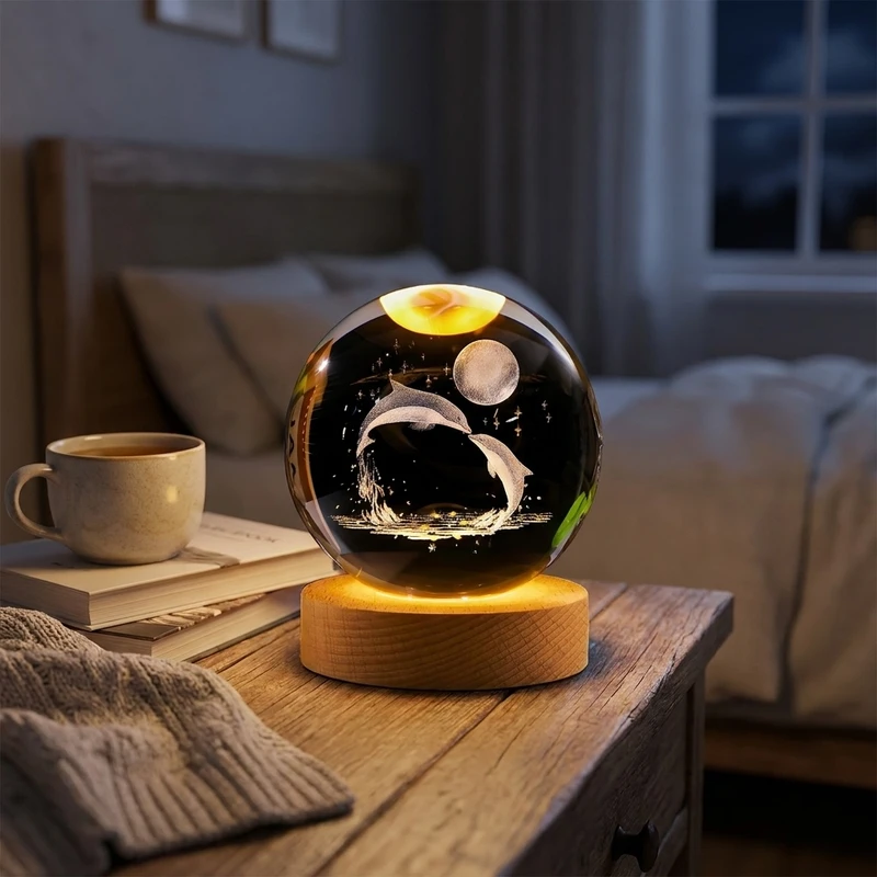 چراغ رومیزی مدل  گوی شیشه ای 3D طرح دلفین و ماه عاشقانه 