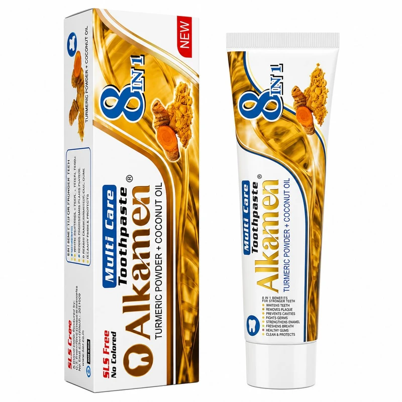 خمیر دندان بزرگسال آلکامن مدل Turmeric Powder + Coconut Oil NEW مناسب برای دندان های حساس حجم 75 میلی لیتر