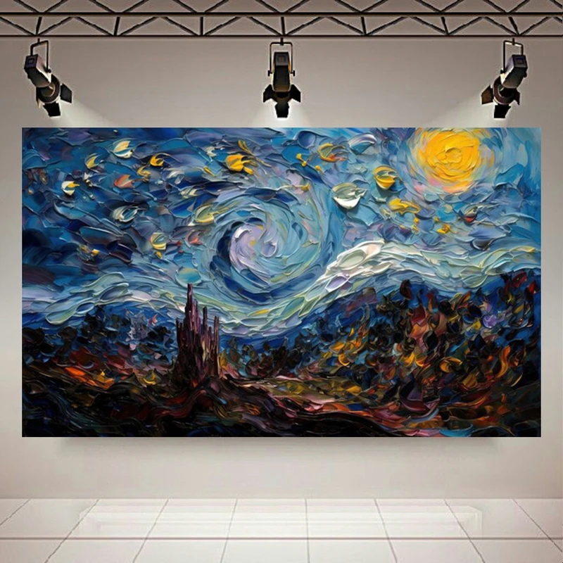 تابلو بوم طرح مخمل نقاشی شب پر ستاره ونگوگ مدل شب نورانی کد AR303964