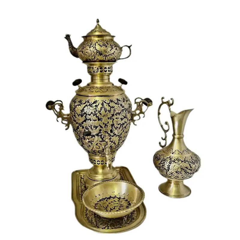 سرویس سماور ذغالی 5 پارچه برنجی مدل آناناسی