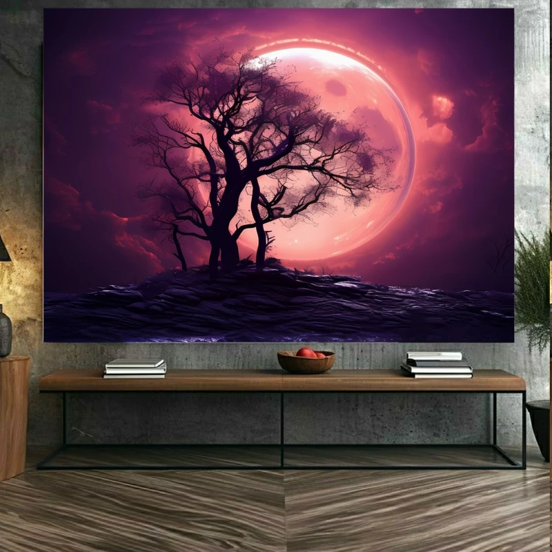 تابلو بوم طرح مخمل درخت خشکیده مدل ماه کامل کد BK23447