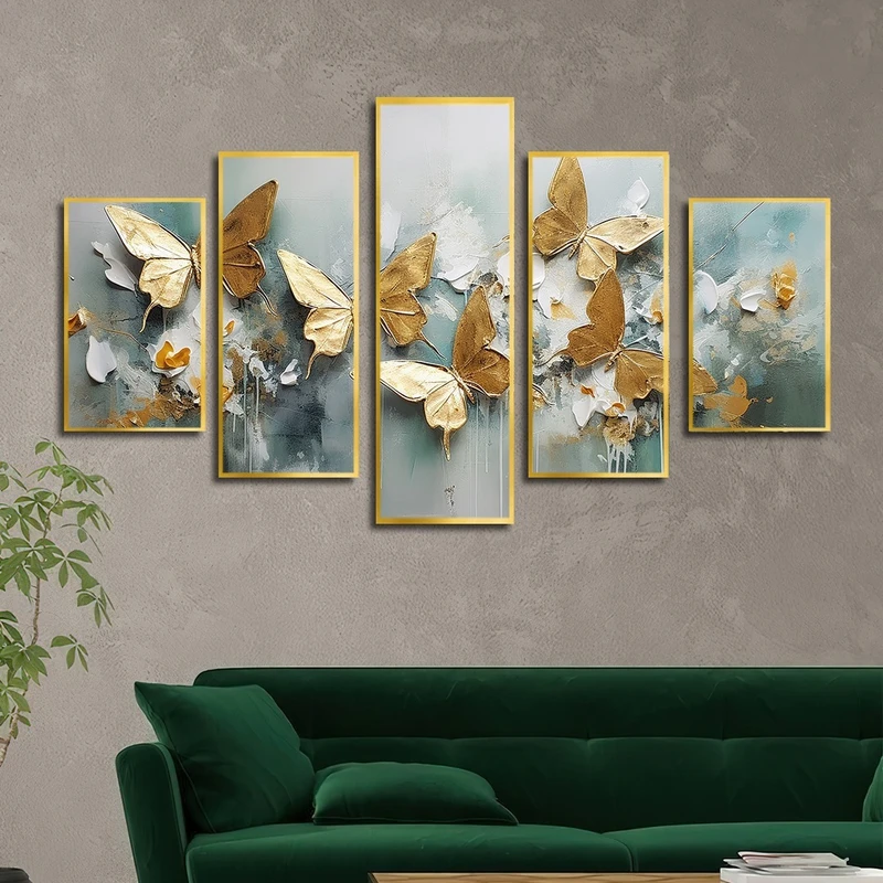 تابلو بکلیت طرح نقاشی رنگ روغن پروانه طلایی مدل T-2493 مجموعه 5 عددی
