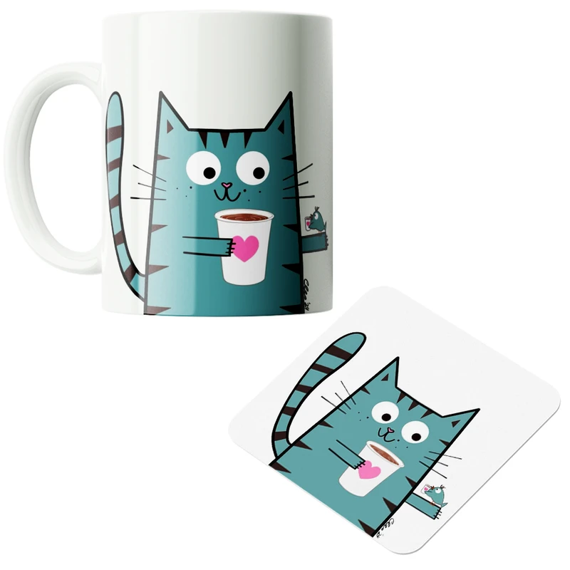 ماگ پاد آفرین مدل گربه کیوت فانتزی بامزه کارتونی کد PZ511 به همراه زیرلیوانی