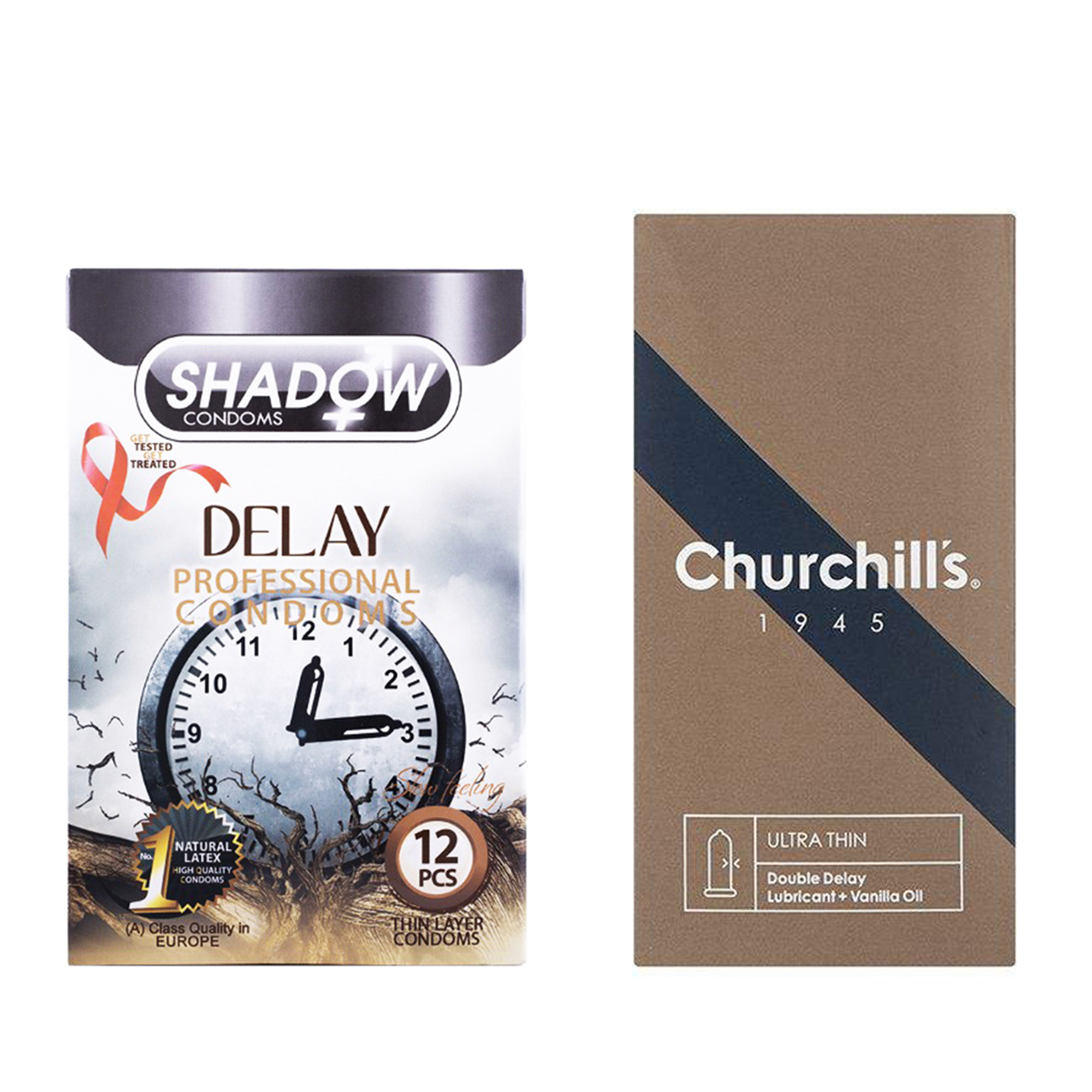 کاندوم چرچیلز مدل Ultra Thin Double Delay بسته 12 عددی به همراه کاندوم شادو مدل Delay بسته 12 عددی
