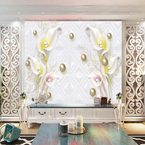 پوستر دیواری سه بعدی مدل گل شیپوری زمینه هندسی DRVF1222