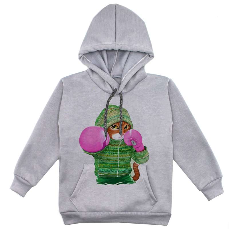 هودی پسرانه مدل گربه بوکسور F153 رنگ طوسی