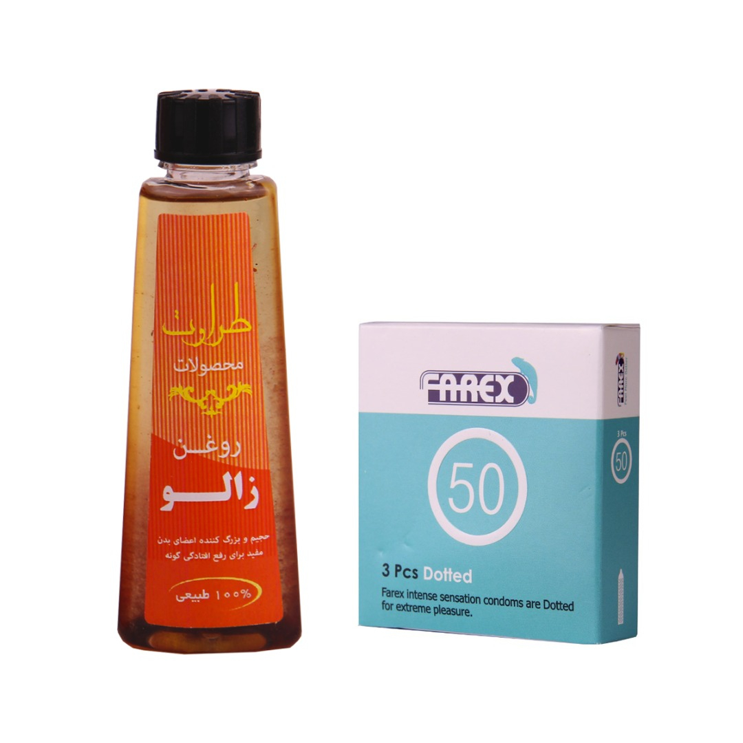 روغن زالو طراوت کد 24 حجم 50 میلی لیتر به همراه کاندوم فارکس مدل 50 بسته 3 عددی
