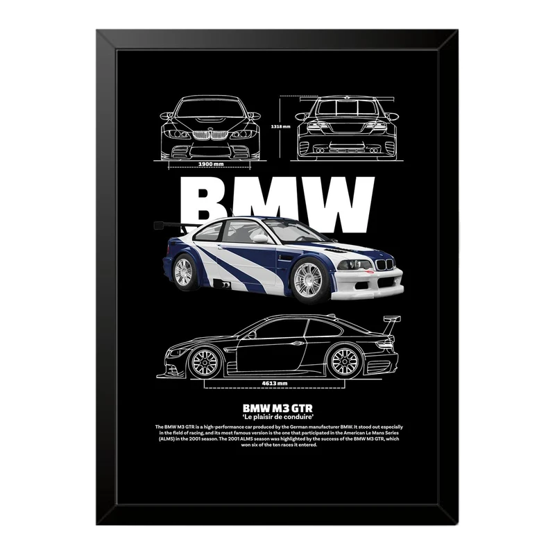 تابلو بکلیت طرح ماشین و خودرو بی ام و BMW M3 GTR مدل b-po1543 فریم مشکی