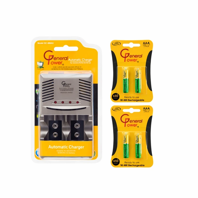 شارژر باتری جنرال پاور مدل GC-408au به همراه باتری نیم قلمی قابل شارژ بسته ۴ عددی