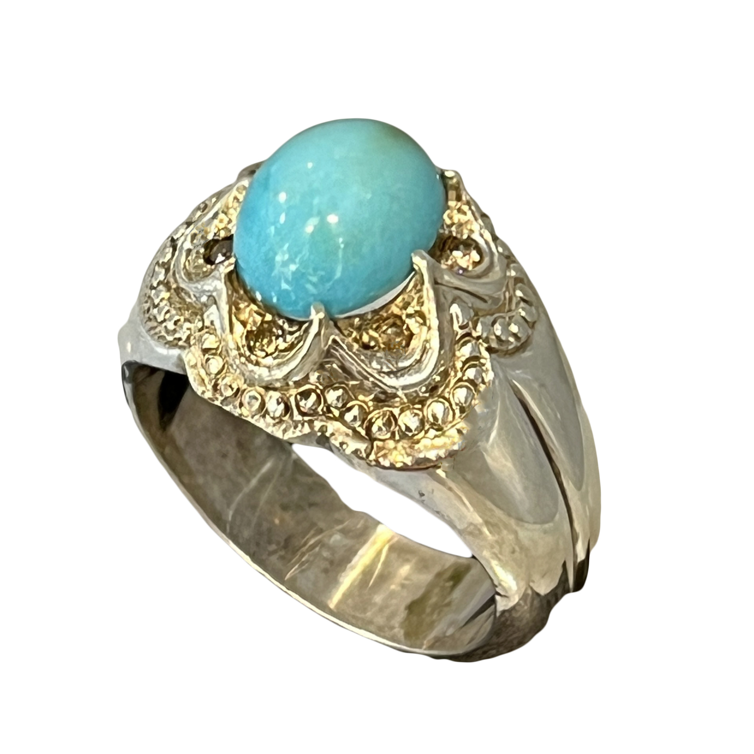 انگشتر نقره مردانه مدل دستساز مزین به فیروزه نیشابوری و الماس