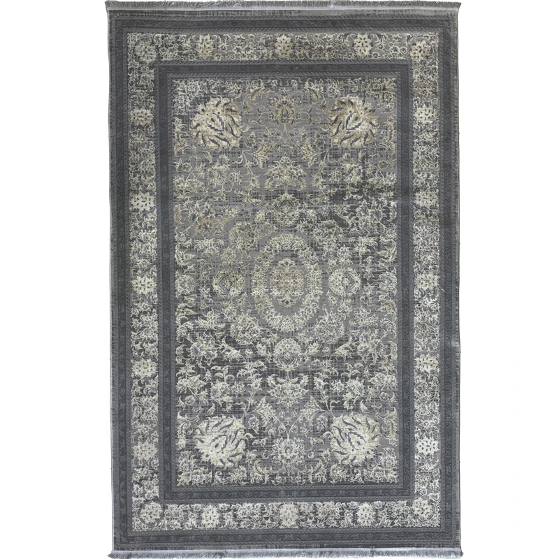 فرش ماشینی 500 شانه لک لک  زمینه طوسی حاشیه طوسی و نقره ای مدل 1040