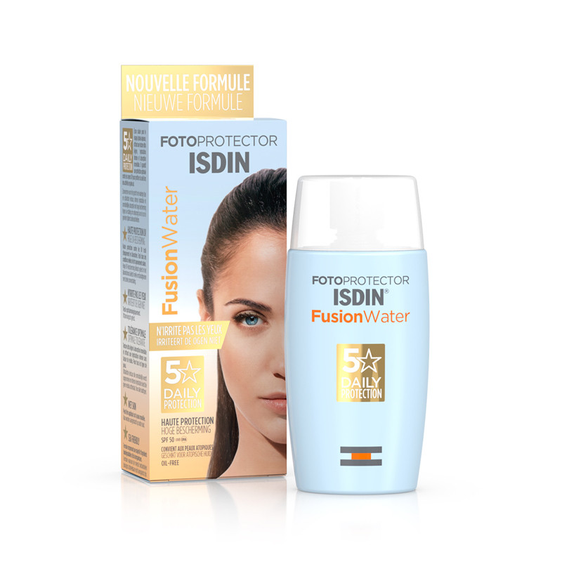 کرم ضد آفتاب بی رنگ ایزدین SPF50 مدل Fusion Water 5 Daily مناسب انواع پوست حجم 50 میلی لیتر