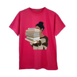 تی شرت آستین کوتاه زنانه مدل دختر و کتاب رنگ سرخابی