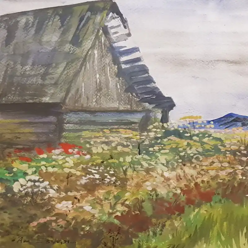 نقاشی آبرنگ طرح کلبه