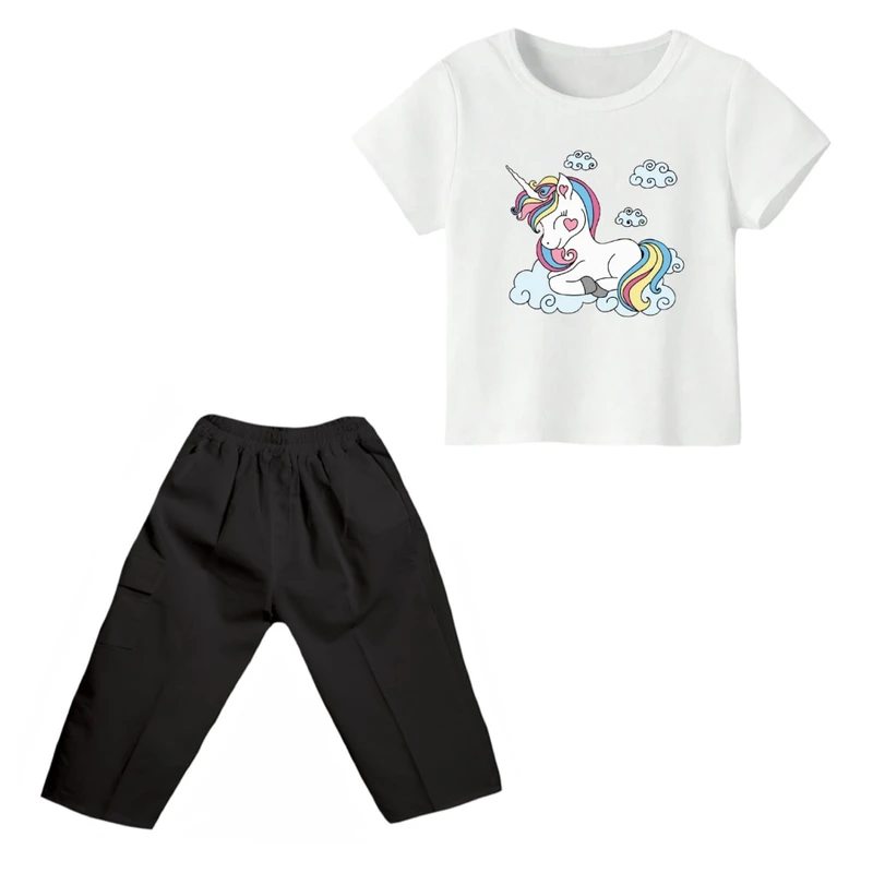 ست تی شرت و شلوارک دخترانه مدل یونیکورن کد ۱۷