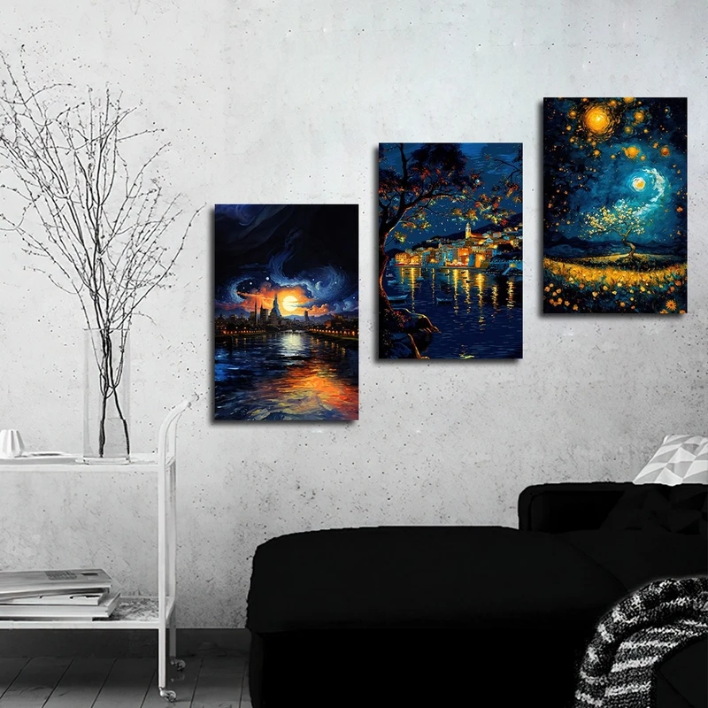 تابلو شاسی بکلیت طرح نقاشی رنگ روغن منظره شهر و غروب مدل SH-2787 مجموعه 3 عددی