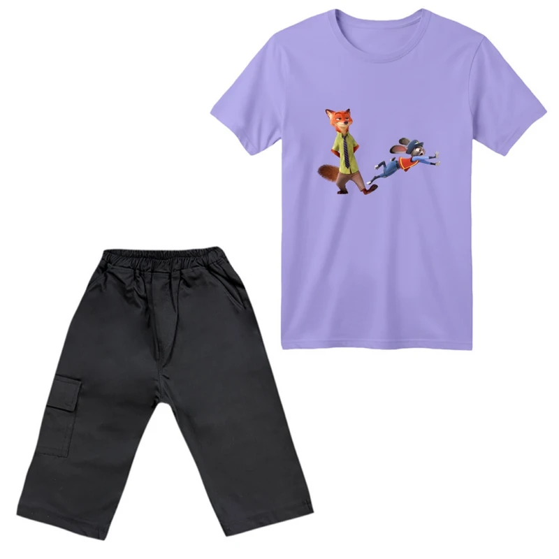 ست تی‌شرت آستین کوتاه و شلوارک پسرانه مدل زوتوپیا کد 1 رنگ یاسی