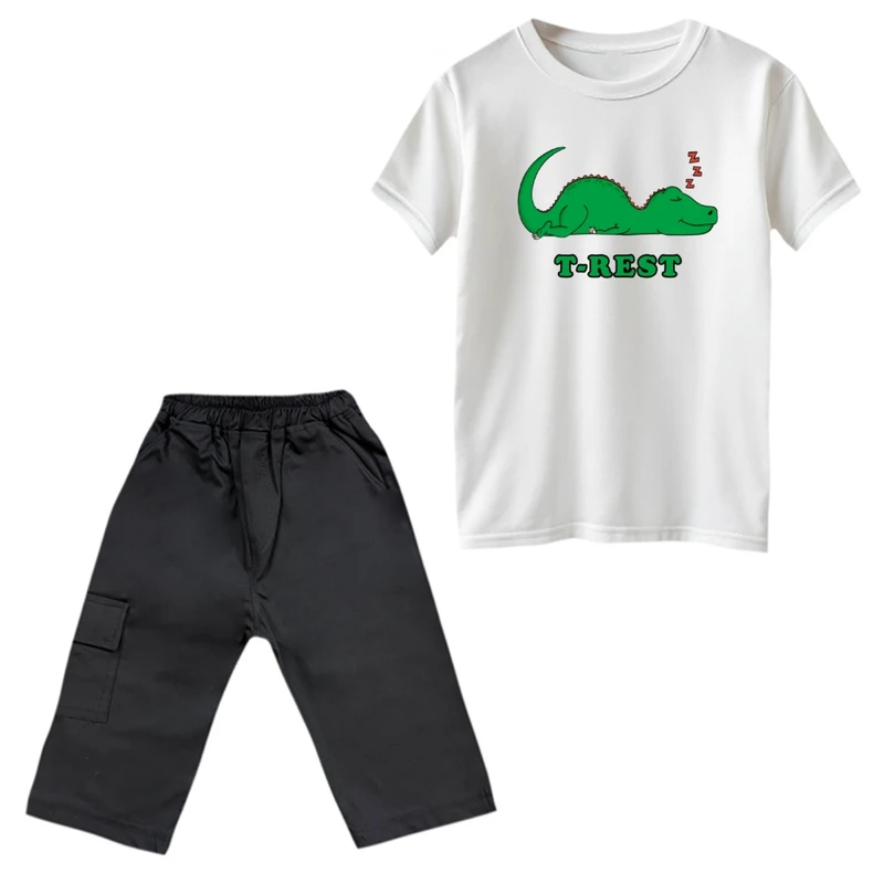 ست تی‌شرت و شلوارک پسرانه مدل دایناسور و استراحت