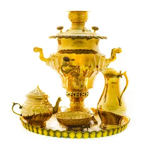 سرویس سماور ذغالی 5 پارچه برنجی مدل میخی ترک دار کد 4460