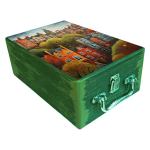  جعبه هدیه مدل چمدان چوبی طرح خونه رنگی کد WS715