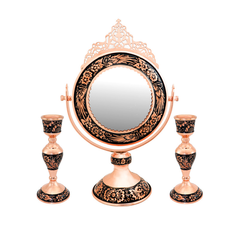 ست 3 تکه آینه و شمعدان مسی مدل الماس تراش طرح تاج دار کد 223722half
