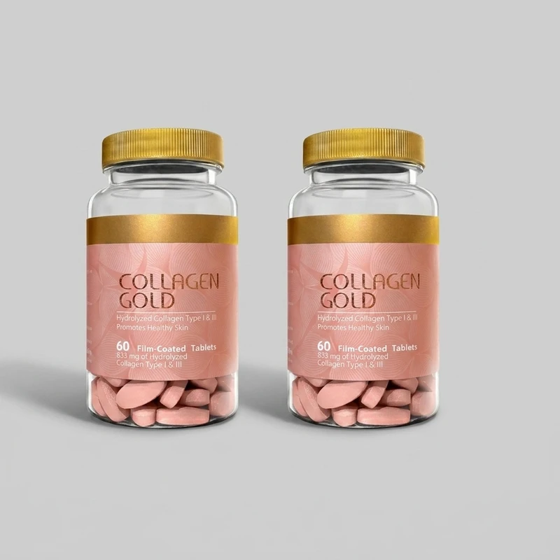قرص کلاژن آدریان مدل Gold مجموعه 2 عددی 60 عددی، حاوی کلاژن هیدرولیز شده تایپ 1 و 3، بهبود سلامت پوست و مو، مصرف شبانه، ساخت ایران