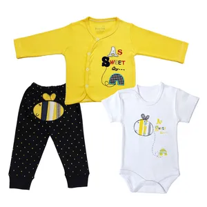 ست 3 تکه لباس نوزادی بی بی وان طرح زنبوری مدل 20206