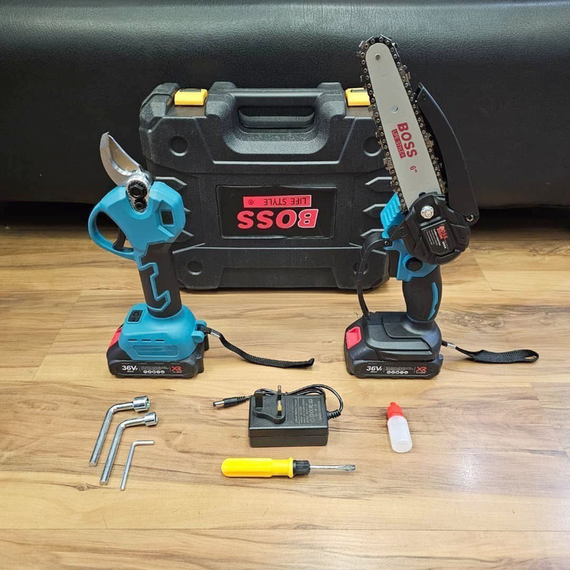 کیت اره زنجیری شارژی و قیچی شارژی باس مدل BS- twin3 مجموعه دو عددی