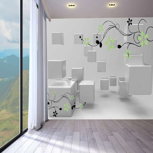 پوستر دیواری سه بعدی مدل پیچک مشکی گل سبز زمینه هندسی مکعب DVRF2284