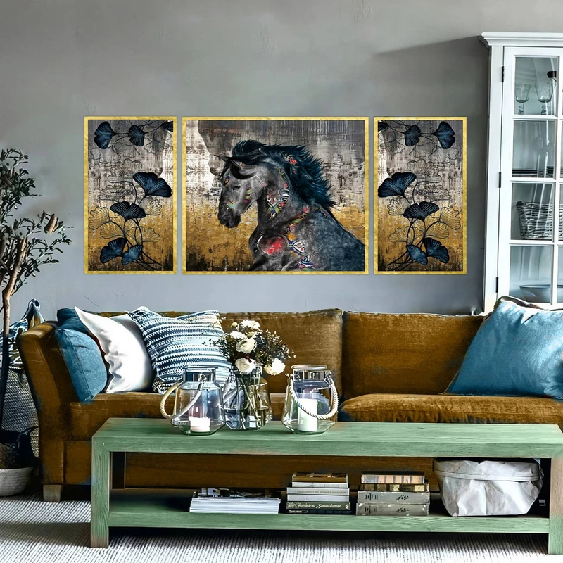 تابلو ساده بکلیت طرح مدرن دیجیتال آرت مدل شاین اکلیلی T-2916 فریم طلایی مجموعه 3 عددی