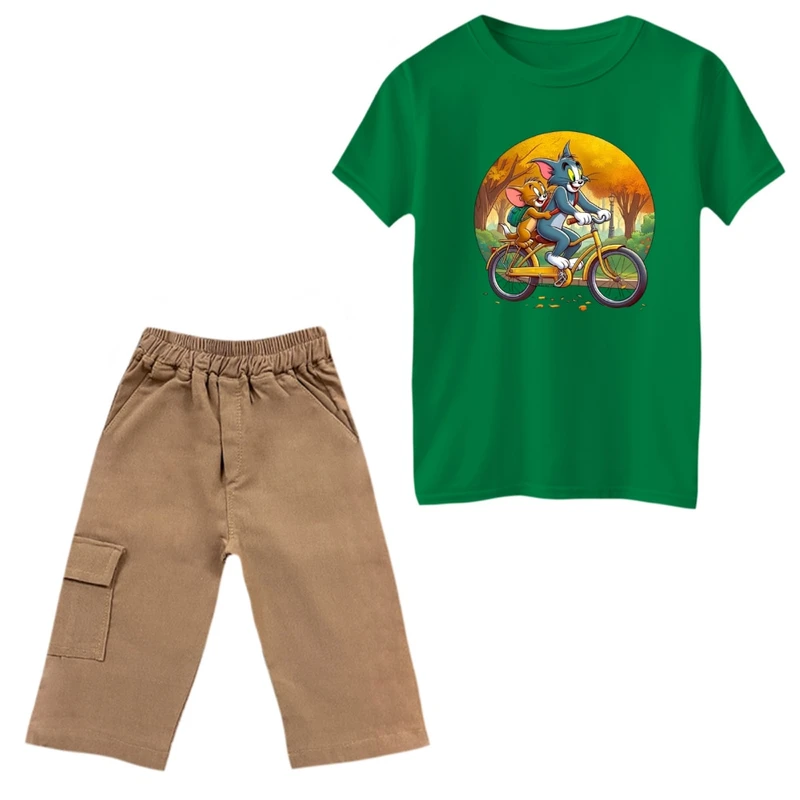 ست تی‌شرت و شلوارک پسرانه مدل تام و جری دوچرخه