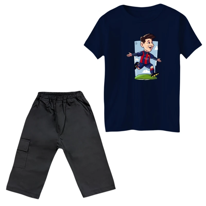 ست تی‌شرت و شلوارک پسرانه مدل مسی کد 5 رنگ سورمه ای