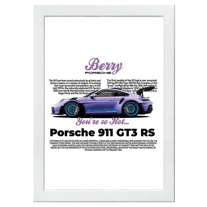 تابلو بکلیت طرح ماشین و خودرو پورشه PORSCHE 911 GT3 RS مدل W-po1571 فریم سفید