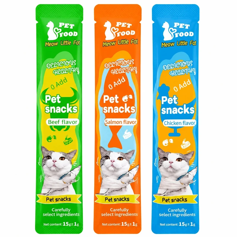 بستنی گربه پت فود مدل Pet snacks طعم مرغ با گوشت گاو با ماهی سالمون وزن 15 گرم بسته 3 عددی