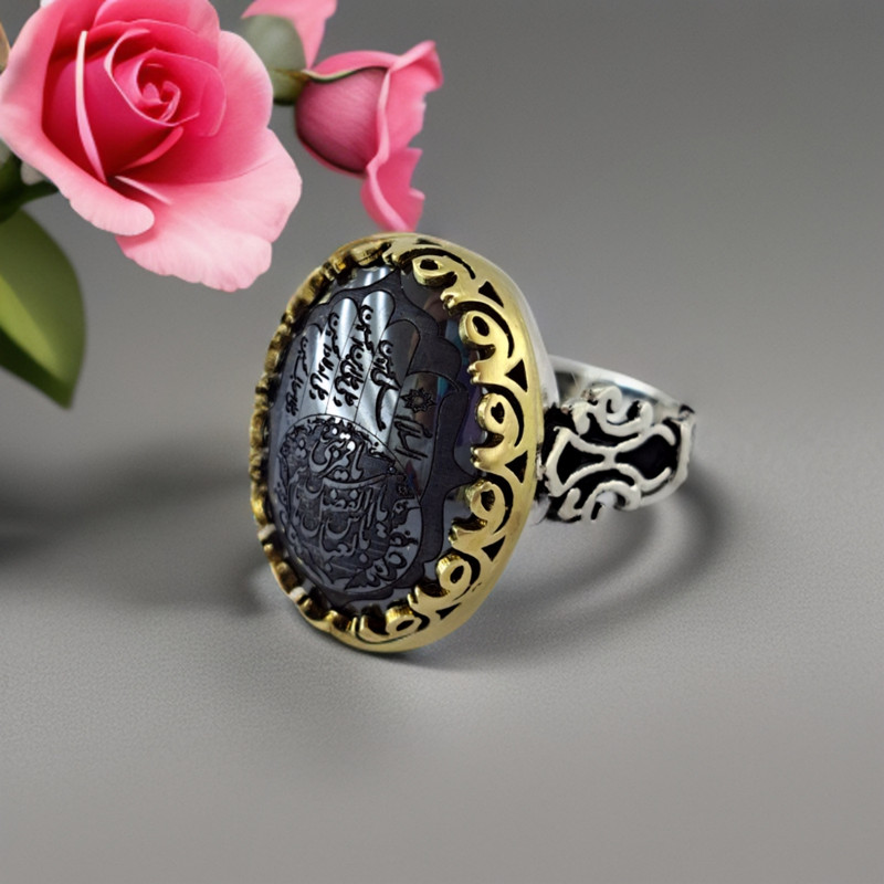 انگشتر نقره مردانه ملک زیور مدل  اسلیمی حدید کف العباس کد 369