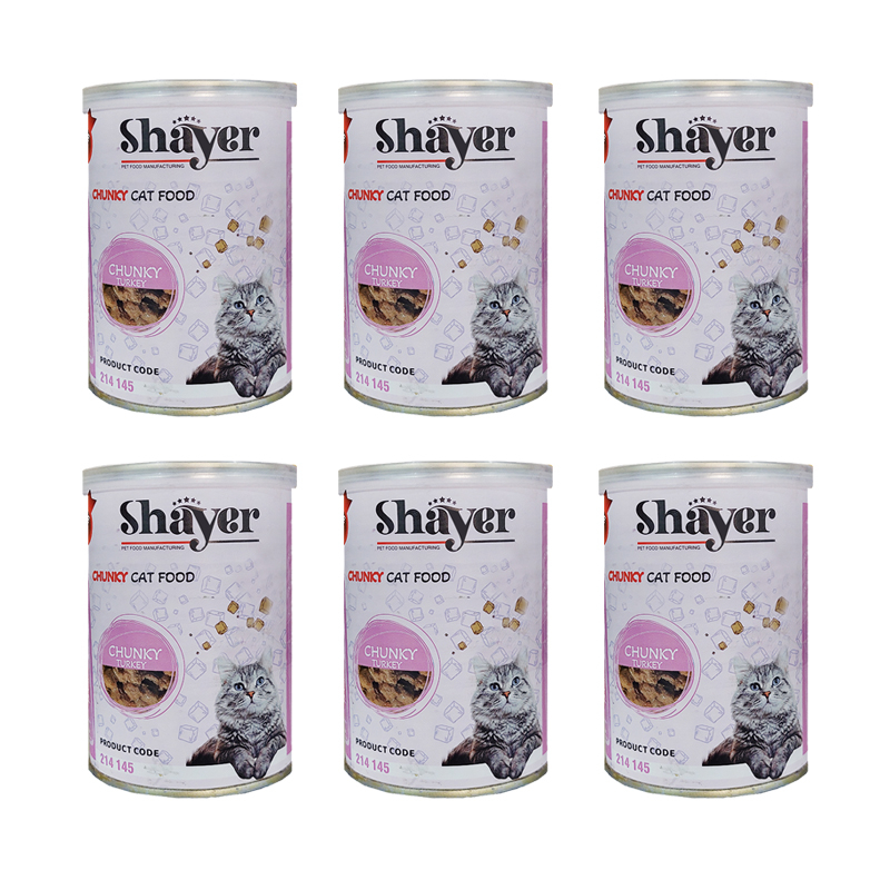 کنسرو گربه شایر مدل چانک گوشت بوقلمون وزن 400 گرم بسته 6 عددی