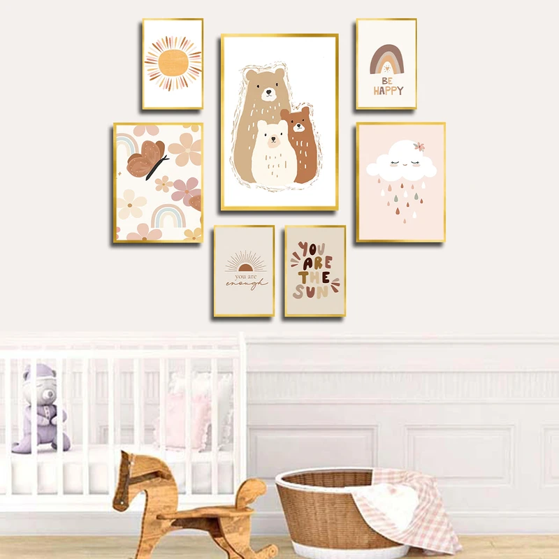 تابلو بکلیت طرح نقاشی فانتزی کودکانه ابر و پروانه مدل T-3694 فریم طلایی مجموعه 7 عددی